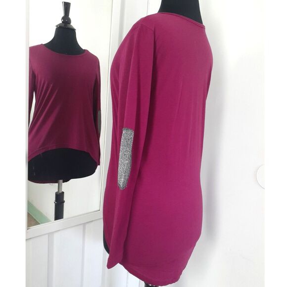 Silver Sequin Elbow Patch Fuchsia Hi-Low Hem Long Sleeve Top Size Medium - Picture 2 of 11